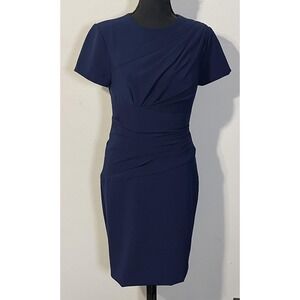 Theia Dress Womens 4 Navy Short Sleeve Ruched Sheath Knee Length Cocktail Party